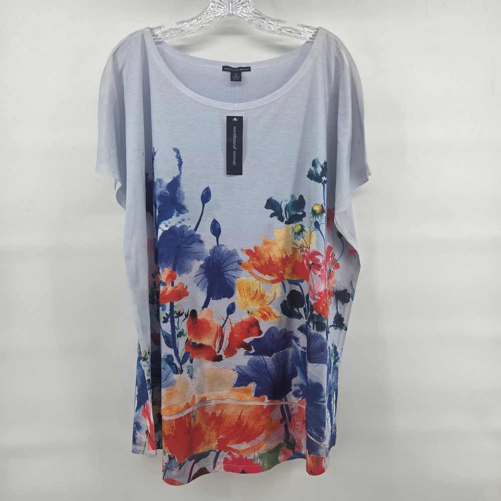 Westbound Woman Tunic Top 2X Blue Floral Short Sleeve Boho Eclectic Art-Inspired